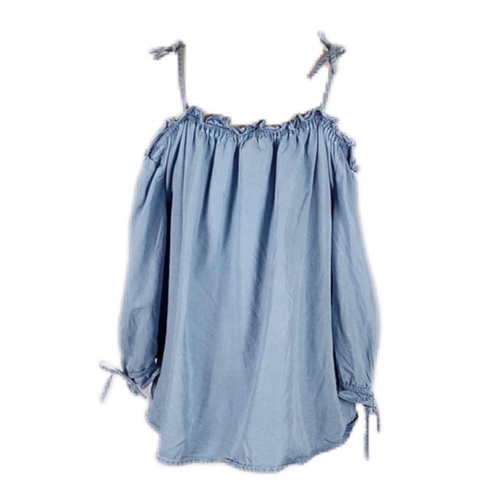 A.n.a. A New Approach 100% Lyocell Blue Chambray Tie Shoulder Boho Blouse L
